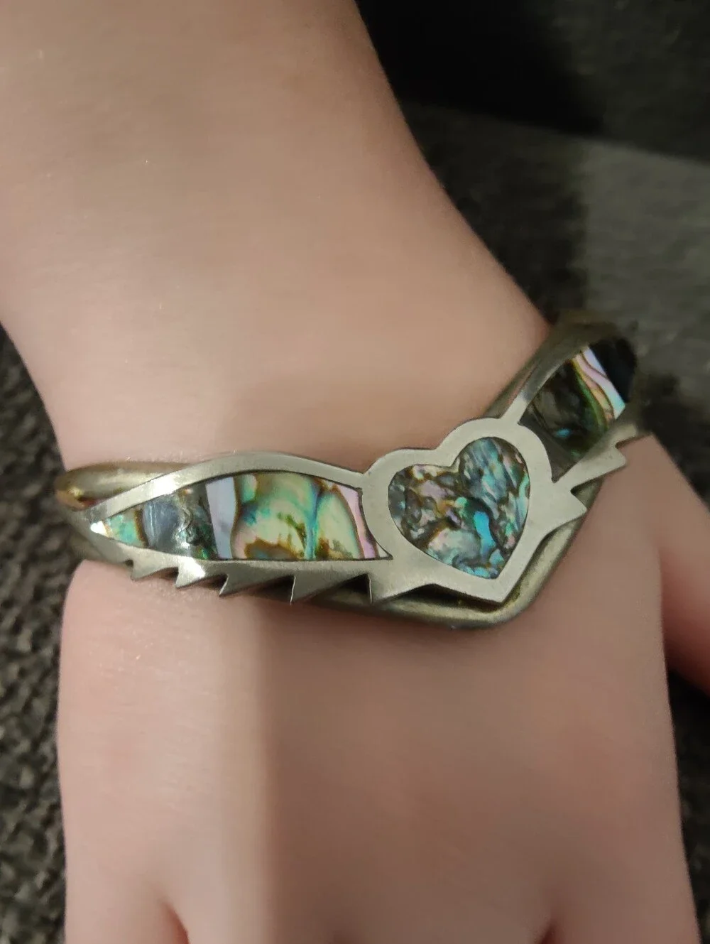 Vintage Mexico Abalone Shell Heart Wing Cuff Bracelet Alpaca Silver Tone